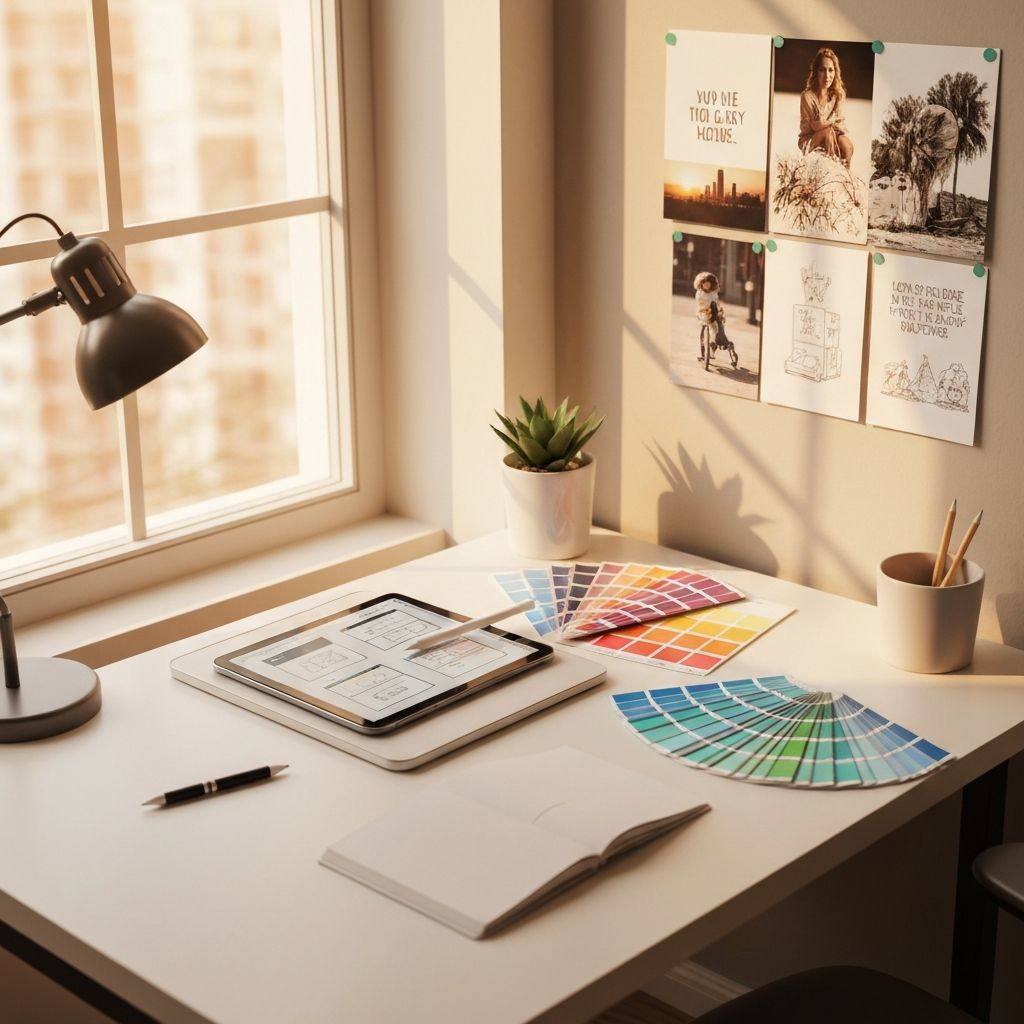 Design workspace with wireframes and color swatches