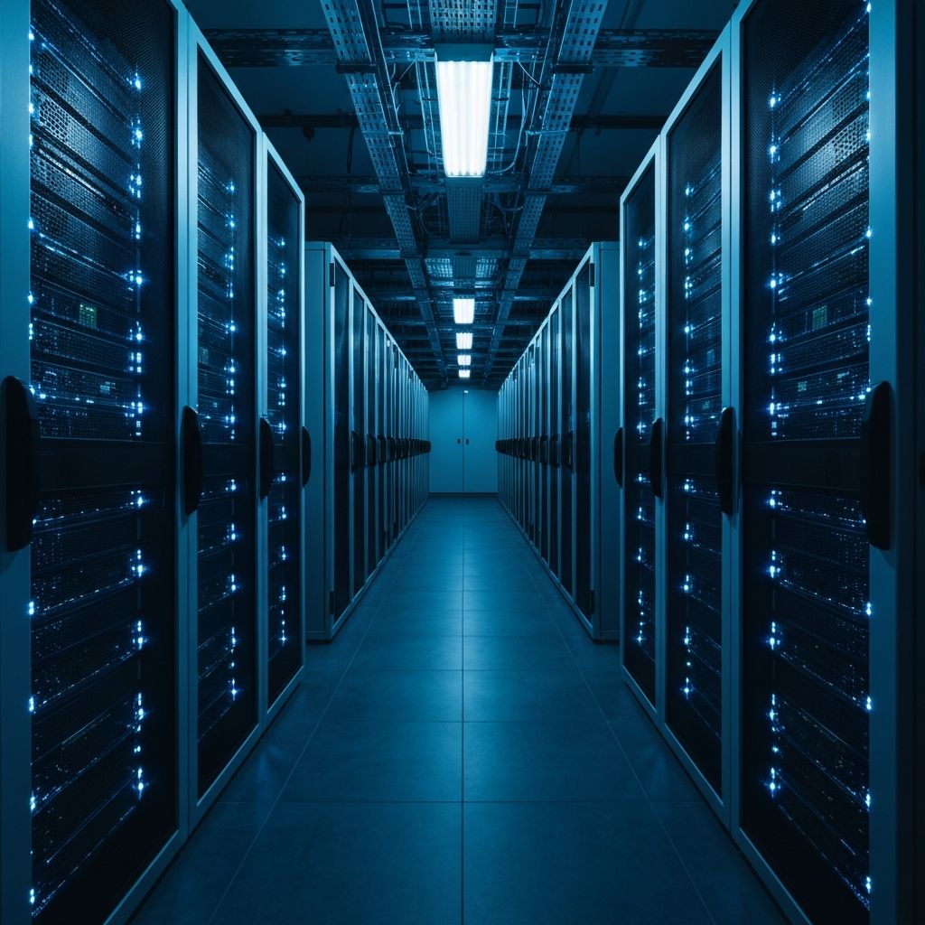 Server room corridor with glowing blue lights